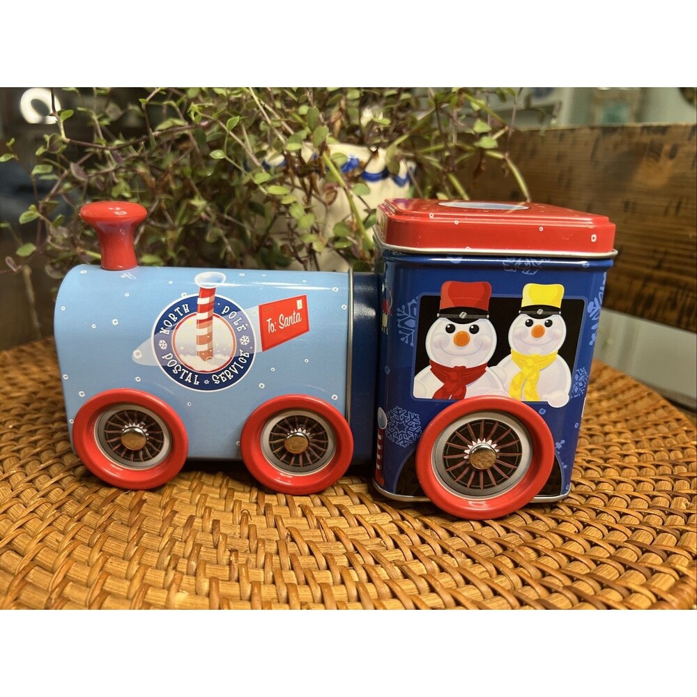 Blue Tin Train Engine With Snowmen, Container , NWOT, Holiday , Christmas